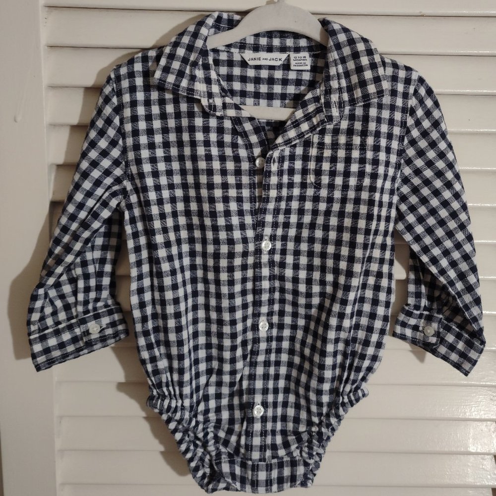 Janie & Jack Boy's Button Down "Onesie" Navy & White gingham Size 12 - 18 mos